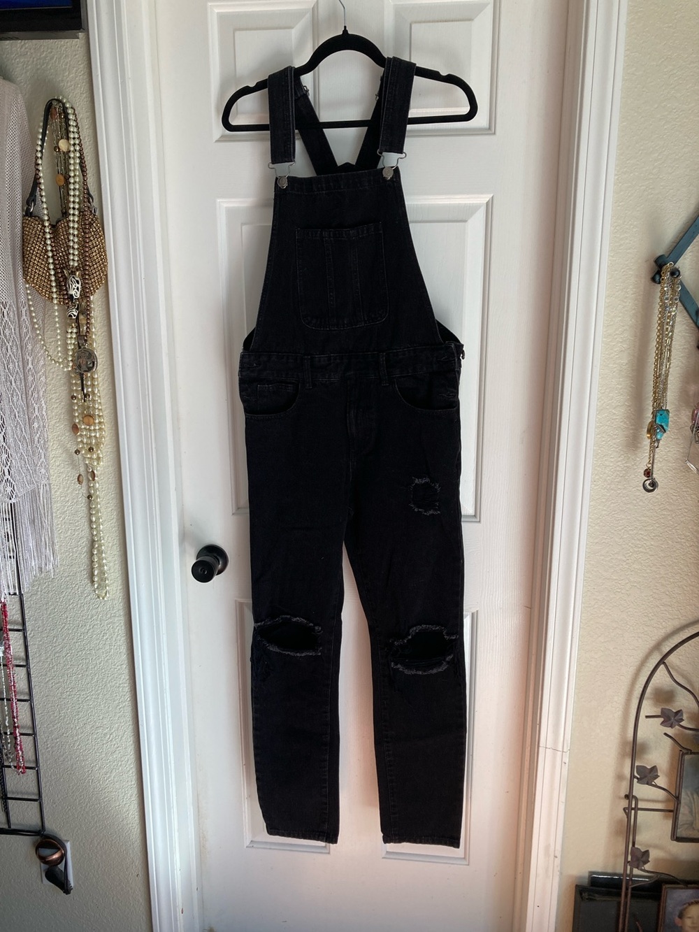 Forever 21 Black Distressed Denim Overalls